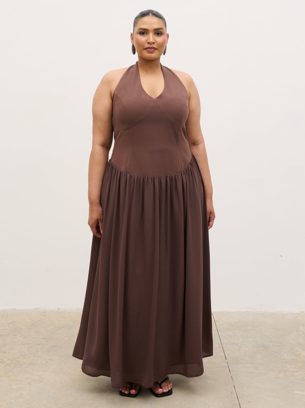 Isadora Drop Waist Maxi Dress Curve - Chocolate Brown