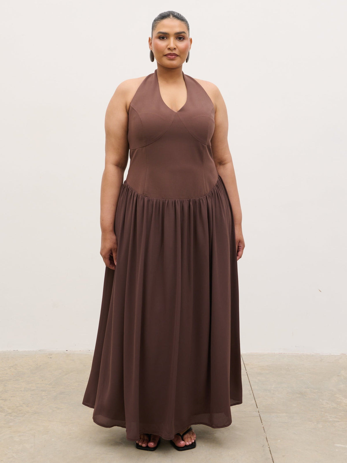 Isadora Drop Waist Maxi Dress Curve - Chocolate Brown