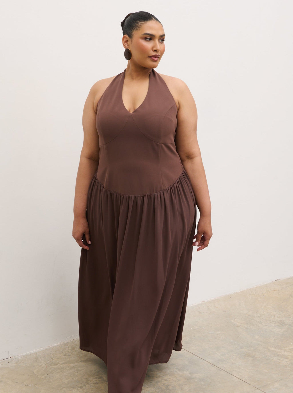 Isadora Drop Waist Maxi Dress Curve - Chocolate Brown