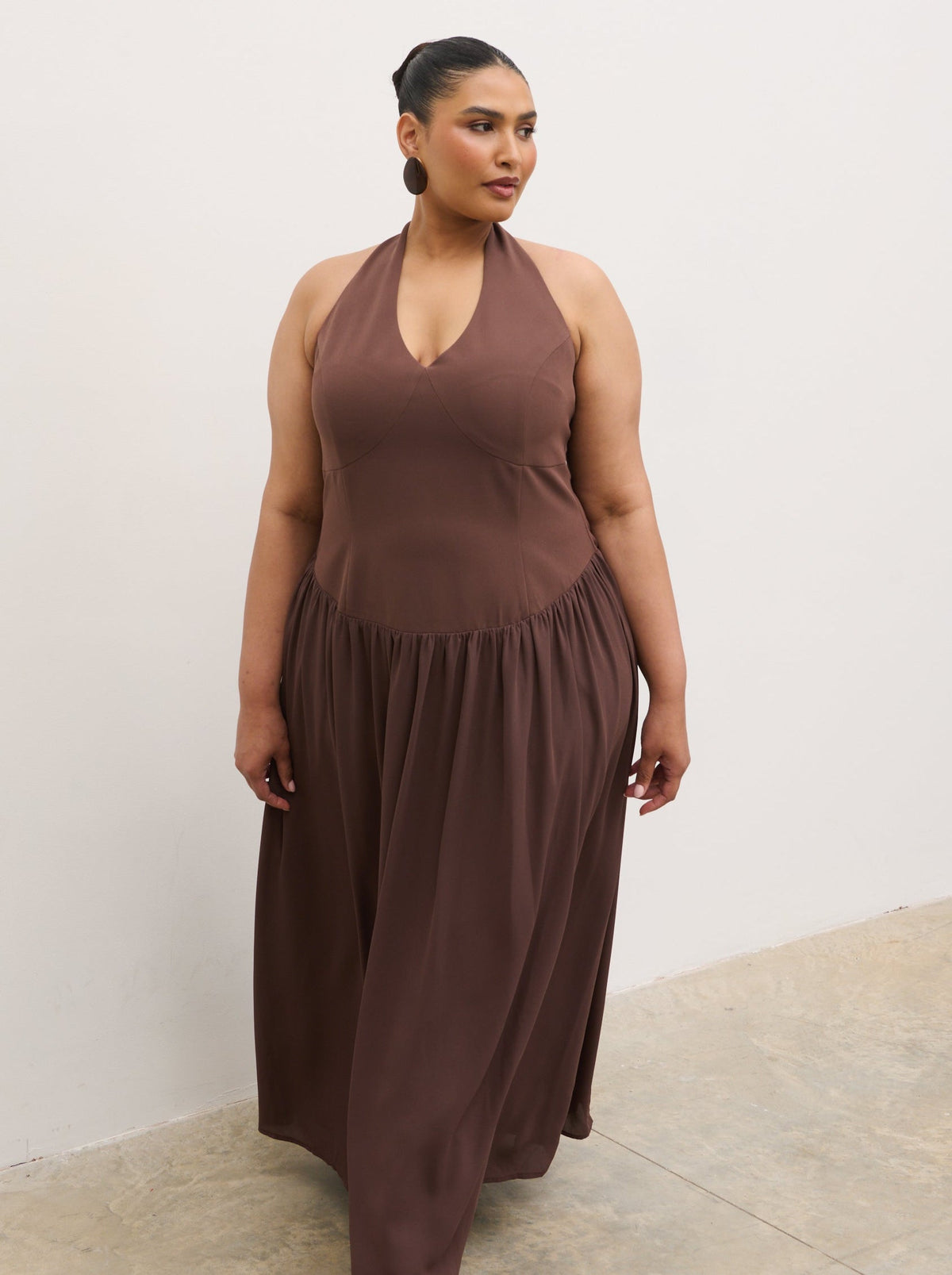Isadora Drop Waist Maxi Dress Curve - Chocolate Brown