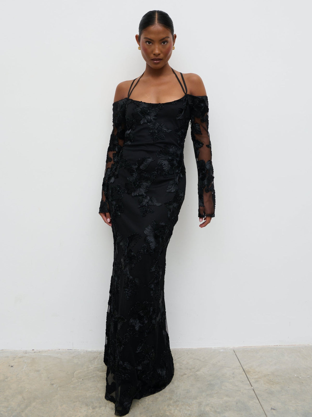 Jamila Cold Shoulder Maxi Dress - Black Jacquard Floral