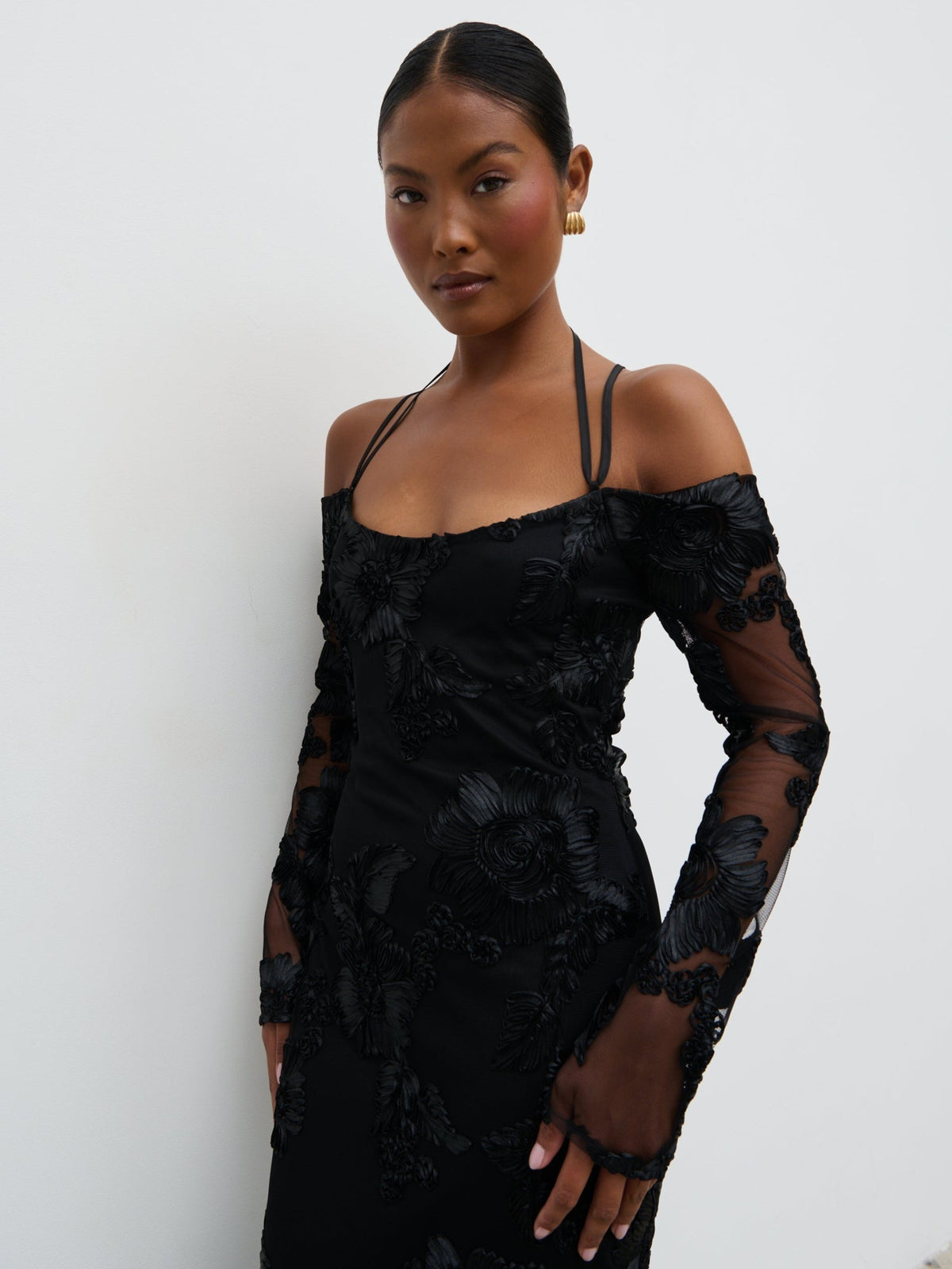Jamila Cold Shoulder Maxi Dress - Black Jacquard Floral