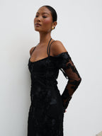 Jamila Cold Shoulder Maxi Dress - Black Jacquard Floral