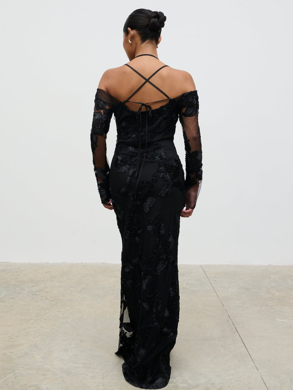 Jamila Cold Shoulder Maxi Dress - Black Jacquard Floral