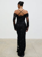 Jamila Cold Shoulder Maxi Dress - Black Jacquard Floral