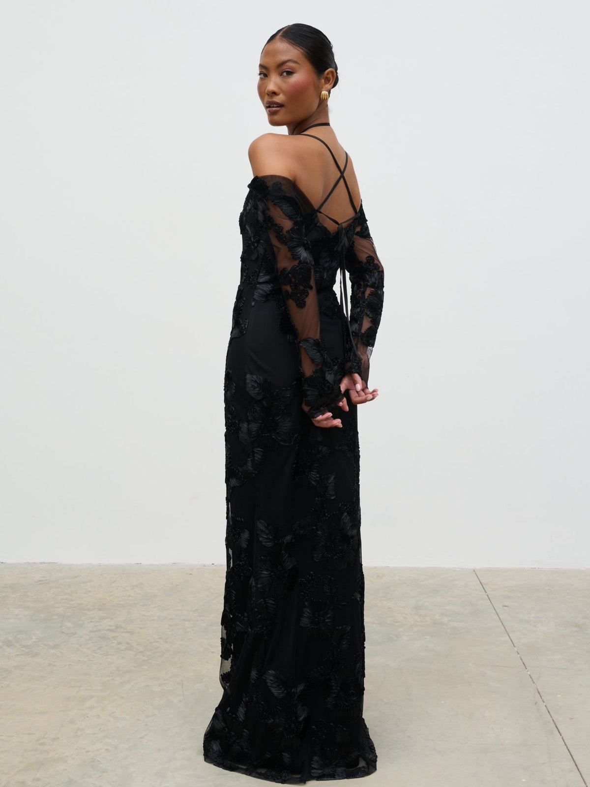 Jamila Cold Shoulder Maxi Dress - Black Jacquard Floral