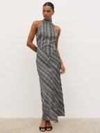 Jemima Cowl Neck Maxi Dress - Black and Cream Abstract Stripe