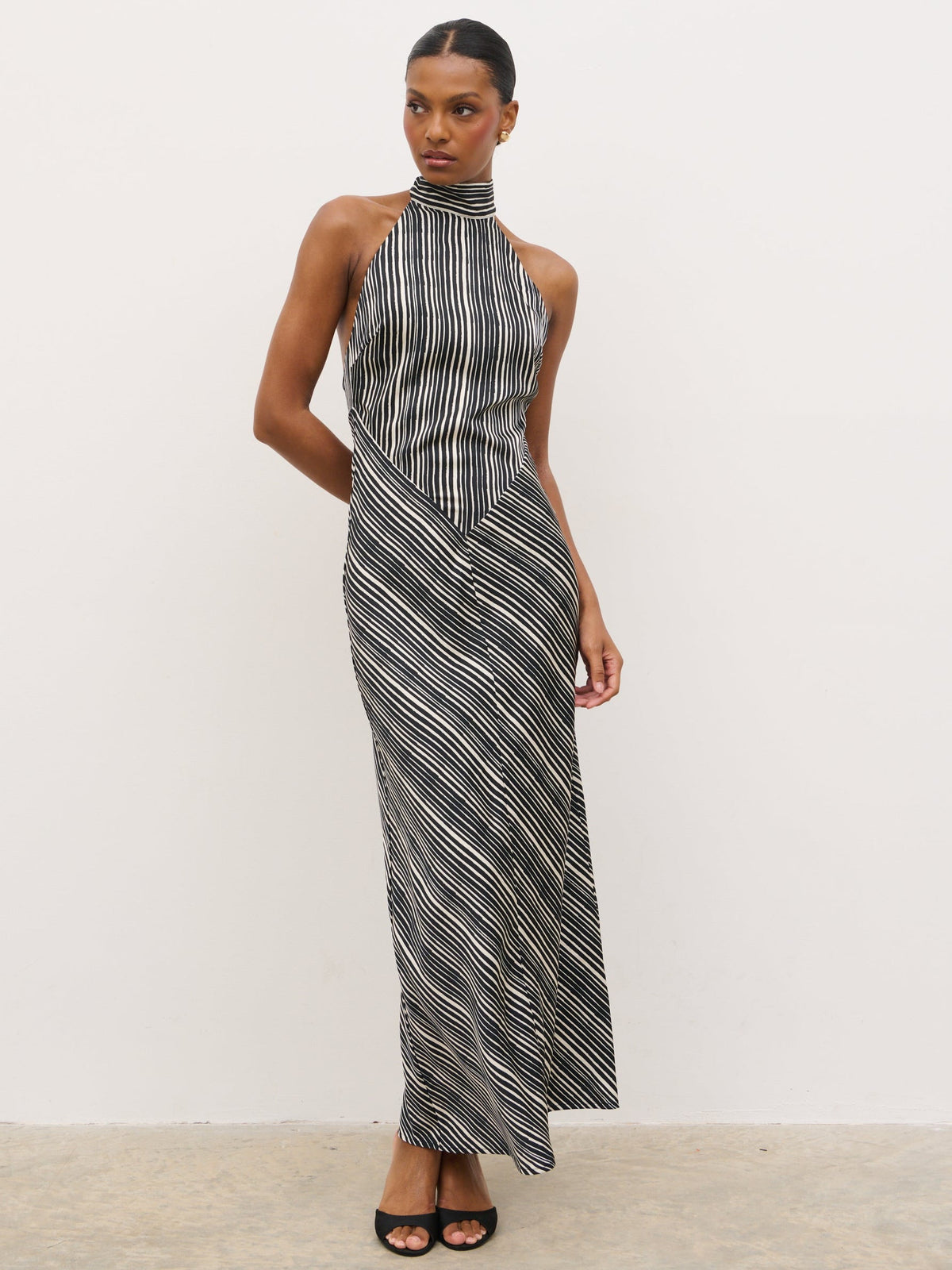 Jemima Cowl Neck Maxi Dress - Black and Cream Abstract Stripe