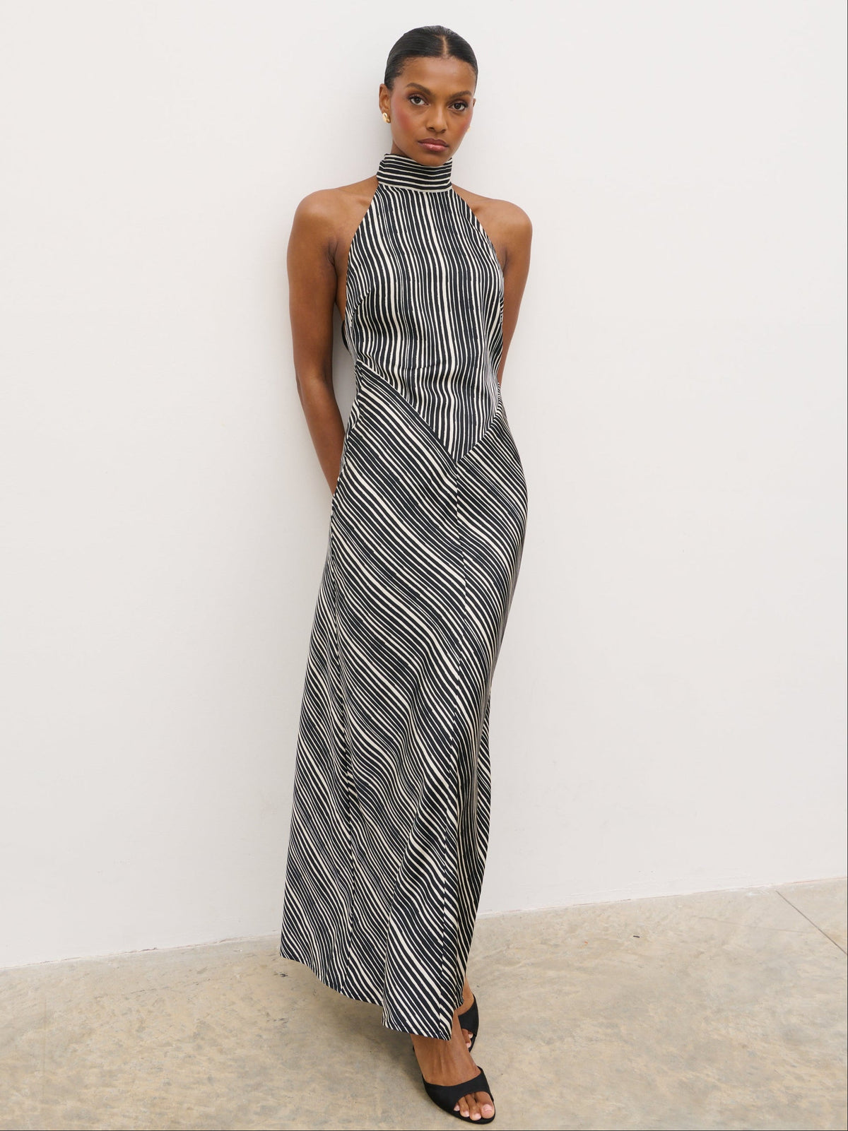 Jemima Cowl Neck Maxi Dress - Black and Cream Abstract Stripe