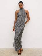 Jemima Cowl Neck Maxi Dress - Black and Cream Abstract Stripe