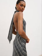 Jemima Cowl Neck Maxi Dress - Black and Cream Abstract Stripe