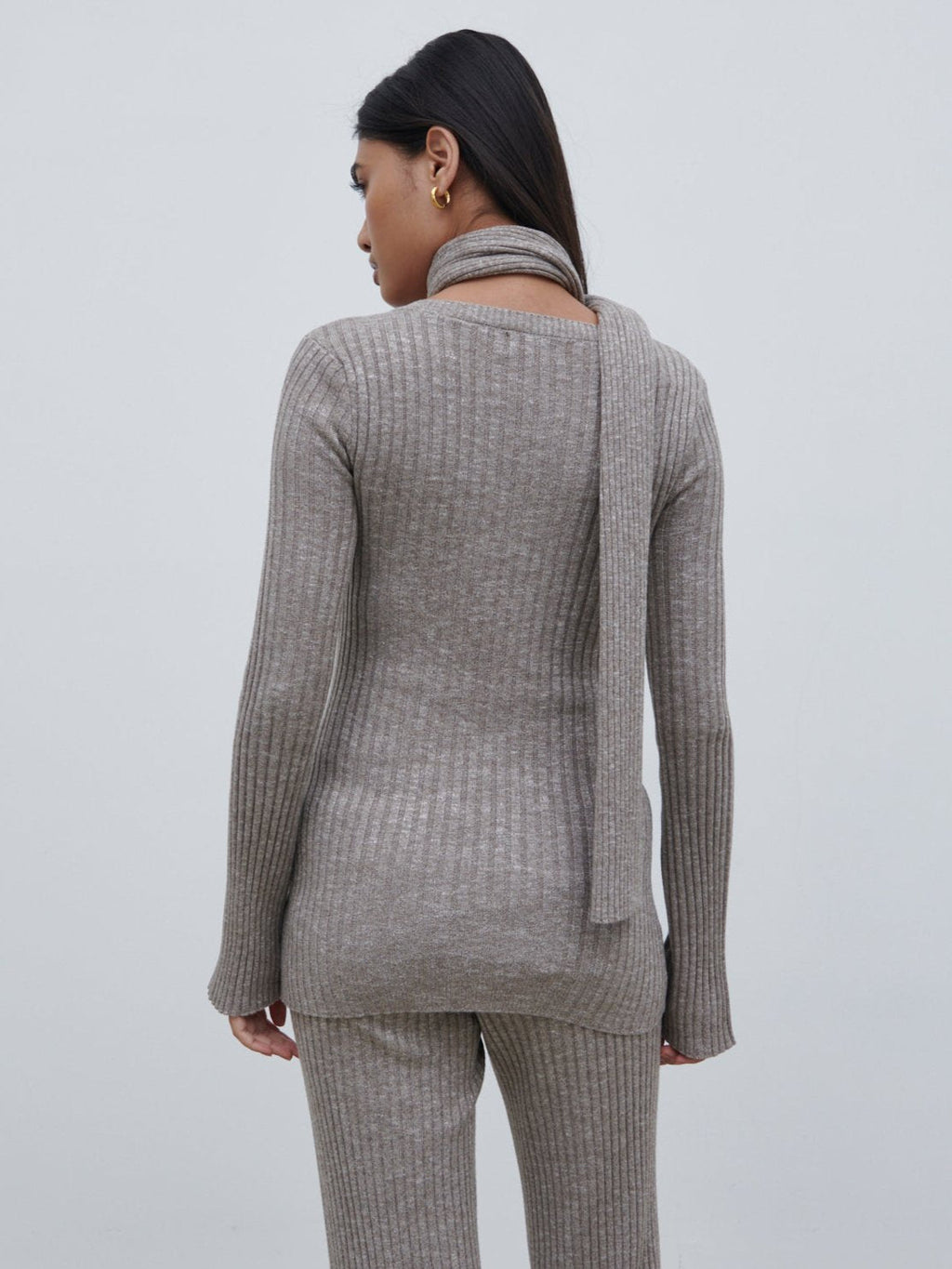 Jessie V Neck Ribbed Knit Top with Scarf - Grey Marl