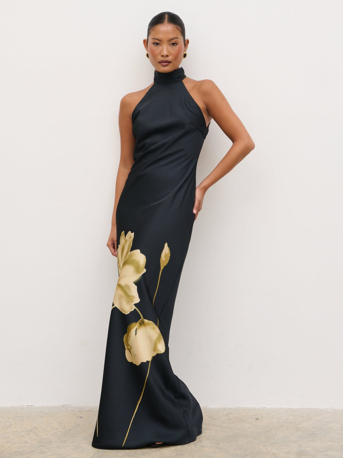 Kiara Halterneck Maxi Dress - Largescale Poppy Petal Gold