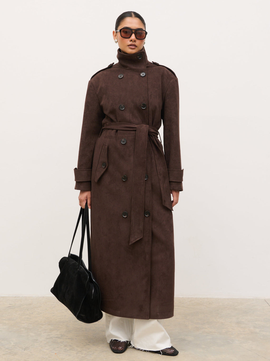 Leah Faux Suede Funnel Neck Trench - Chocolate Brown