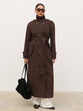 Leah Faux Suede Funnel Neck Trench - Chocolate Brown