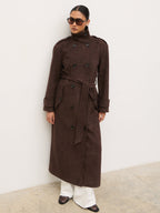 Leah Faux Suede Funnel Neck Trench - Chocolate Brown