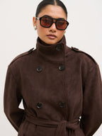 Leah Faux Suede Funnel Neck Trench - Chocolate Brown