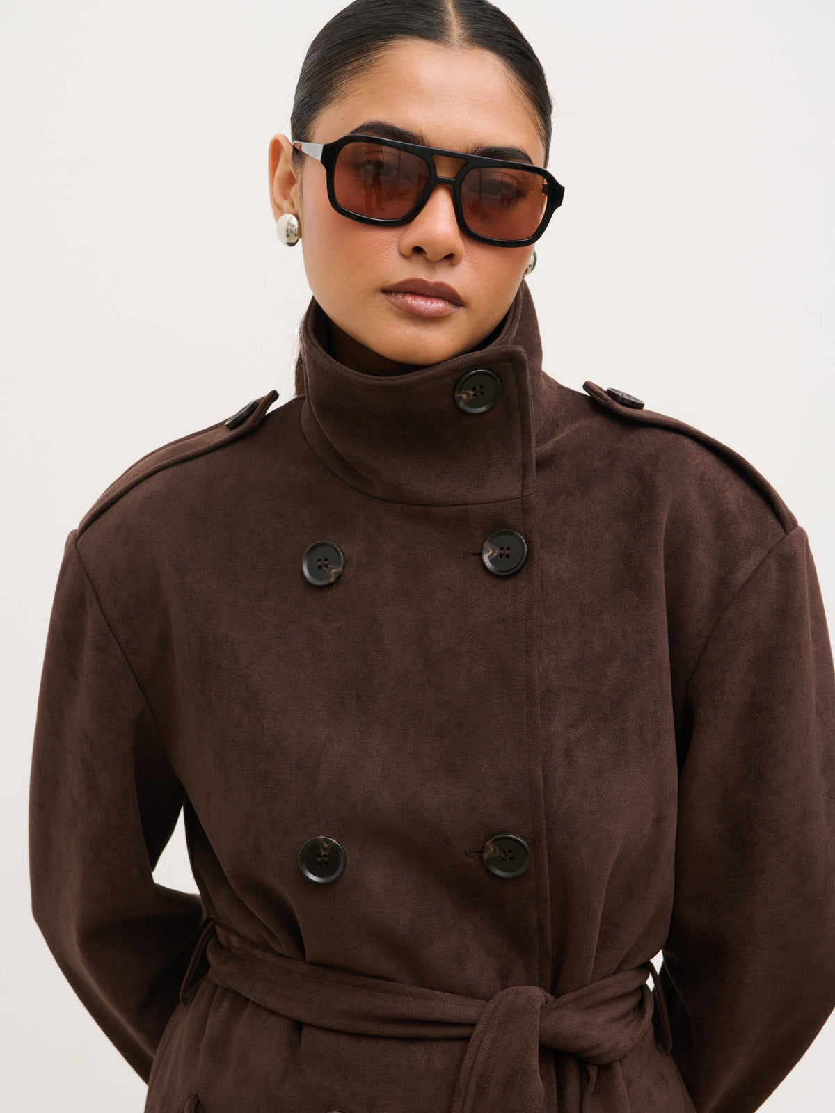 Leah Faux Suede Funnel Neck Trench - Chocolate Brown