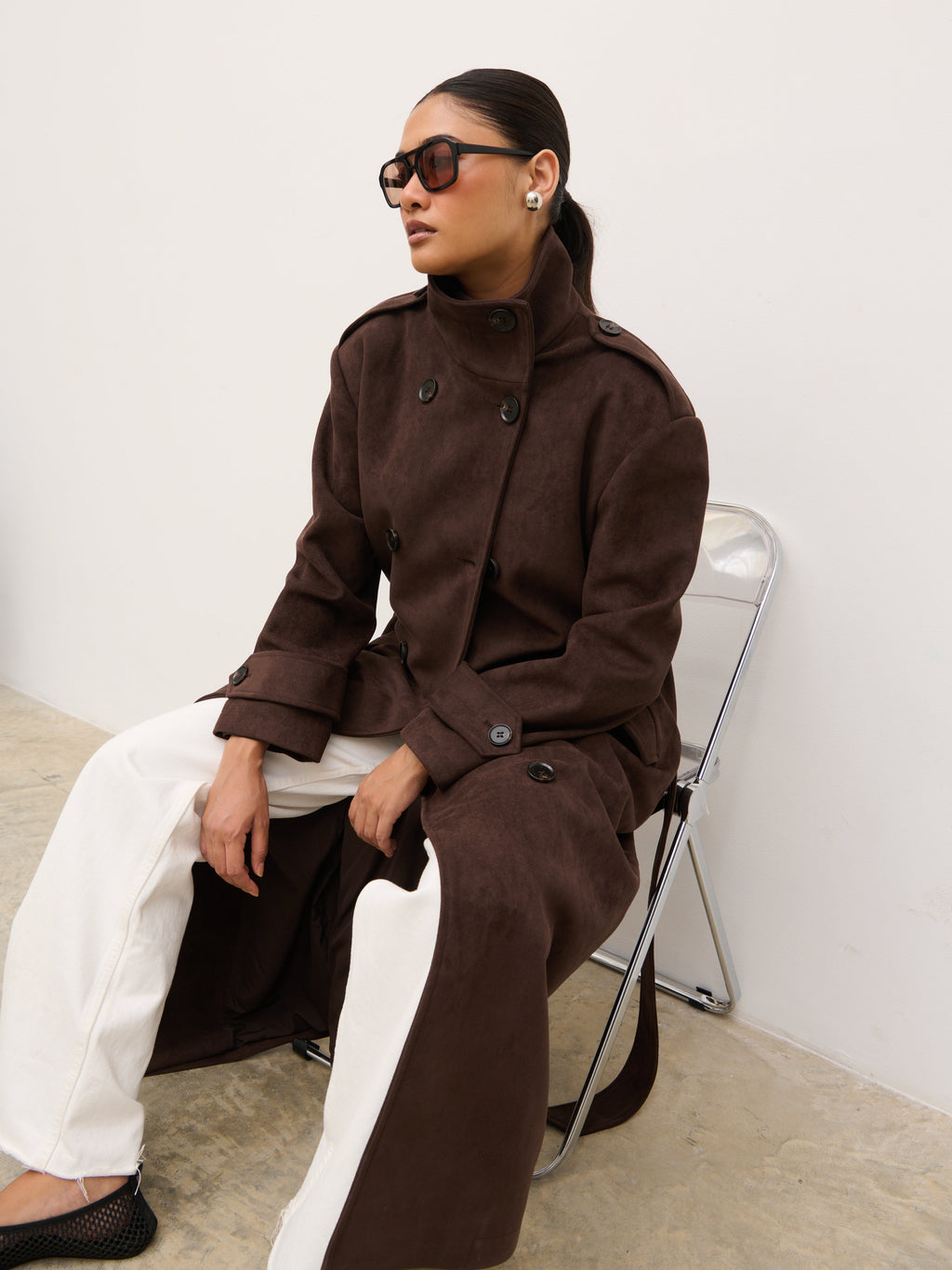 Leah Faux Suede Funnel Neck Trench - Chocolate Brown