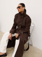 Leah Faux Suede Funnel Neck Trench - Chocolate Brown