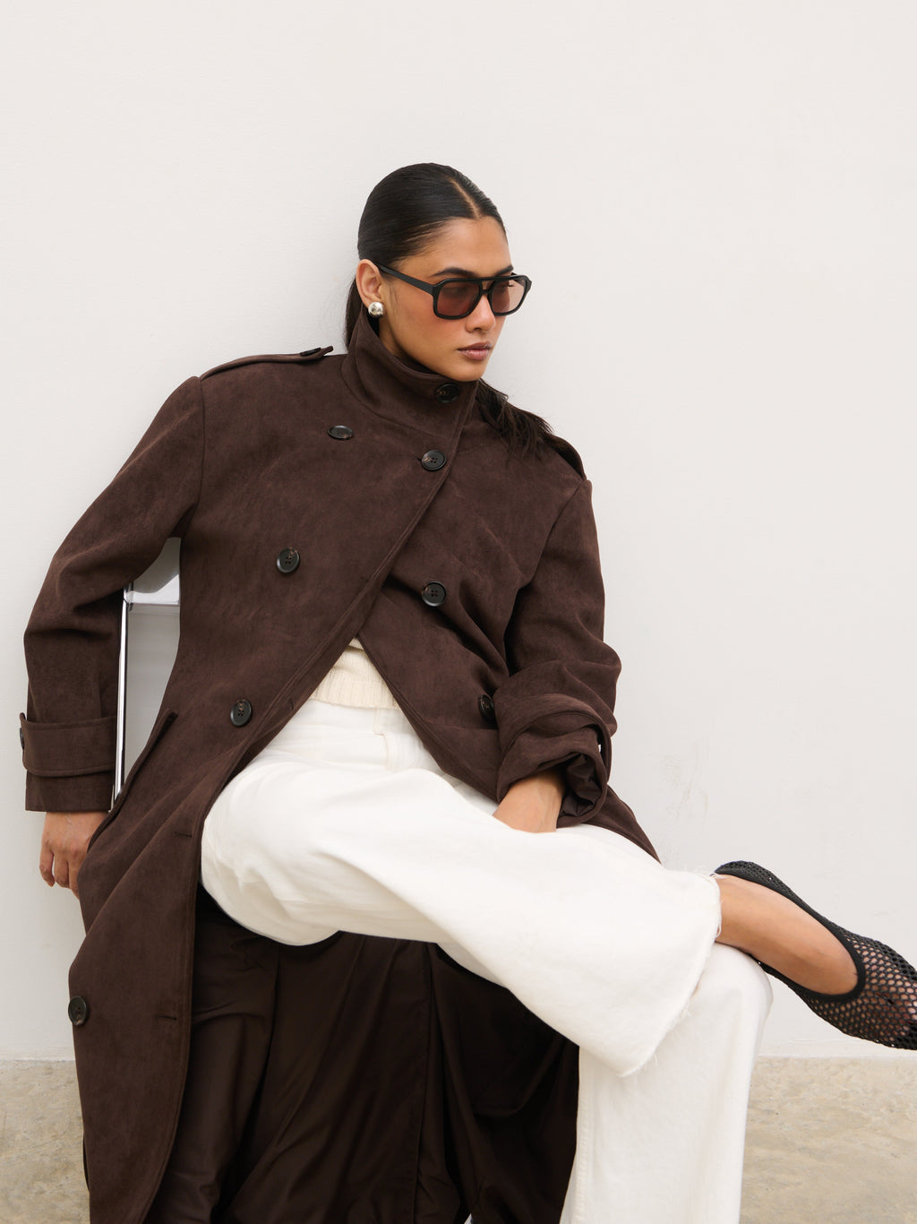Leah Faux Suede Funnel Neck Trench - Chocolate Brown