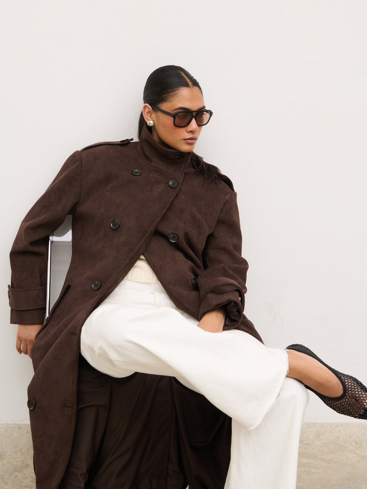 Leah Faux Suede Funnel Neck Trench - Chocolate Brown