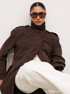 Leah Faux Suede Funnel Neck Trench - Chocolate Brown