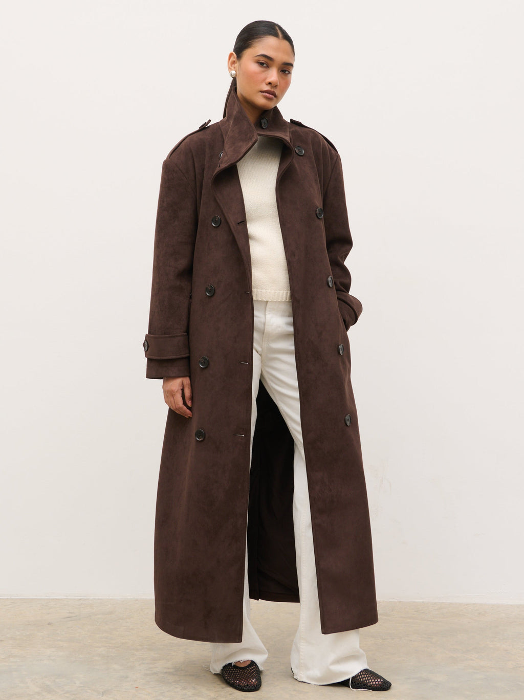Leah Faux Suede Funnel Neck Trench - Chocolate Brown