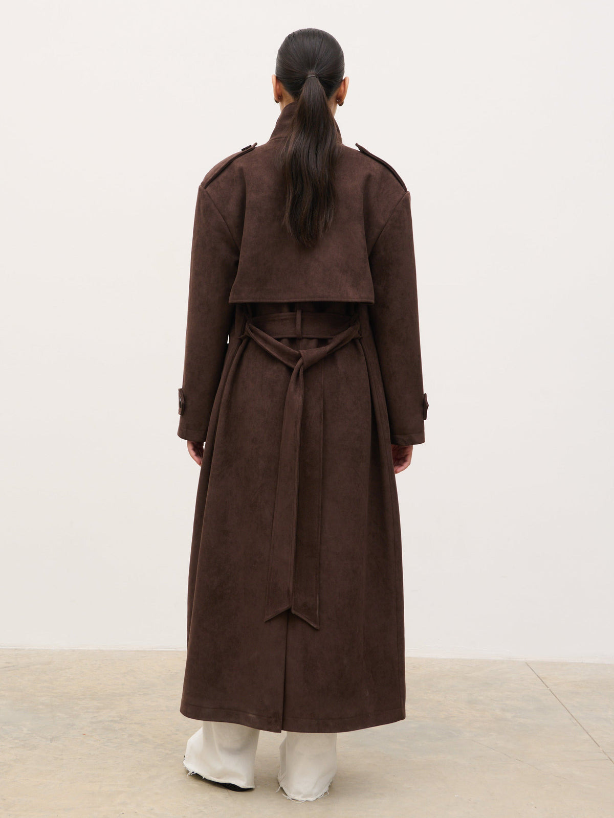Leah Faux Suede Funnel Neck Trench - Chocolate Brown
