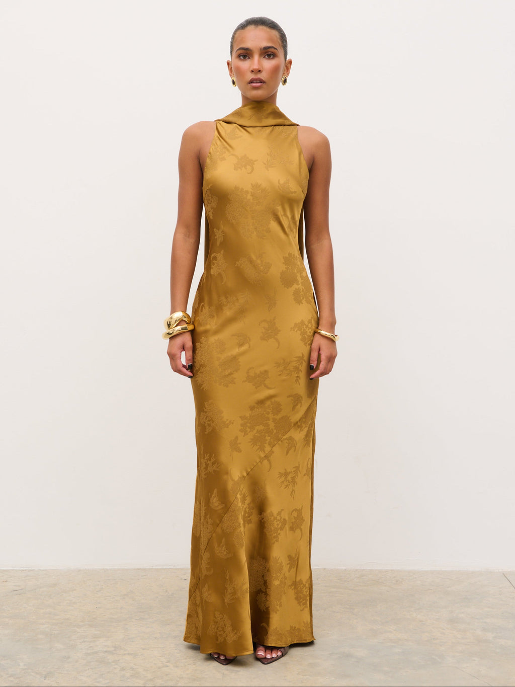 Lethe Drape Scarf Jacquard Maxi Dress - Dark Honey