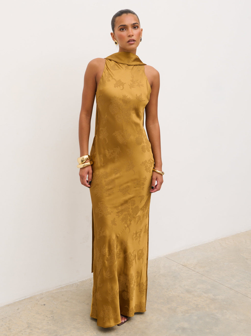 Lethe Drape Scarf Jacquard Maxi Dress - Dark Honey