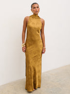 Lethe Drape Scarf Jacquard Maxi Dress - Dark Honey