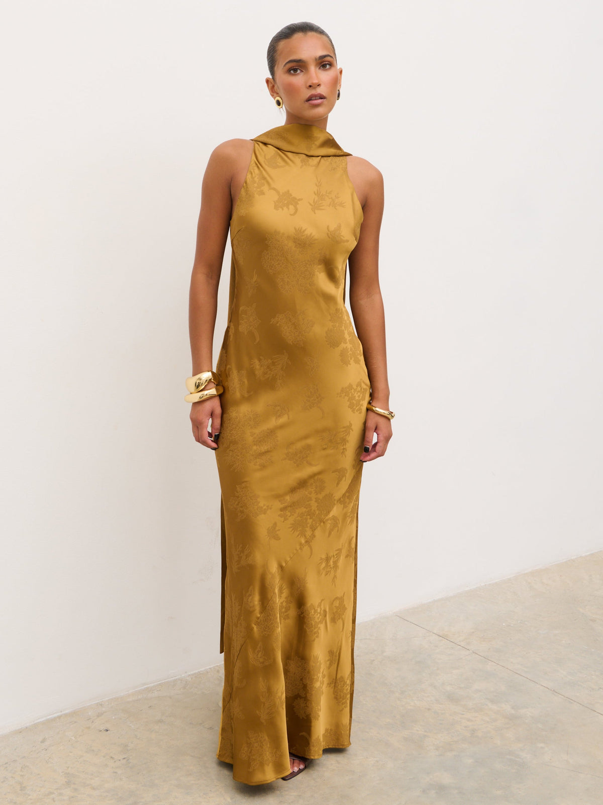 Lethe Drape Scarf Jacquard Maxi Dress - Dark Honey