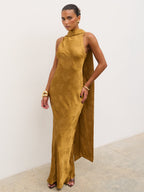 Lethe Drape Scarf Jacquard Maxi Dress - Dark Honey