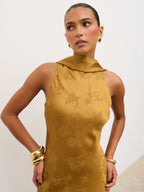 Lethe Drape Scarf Jacquard Maxi Dress - Dark Honey