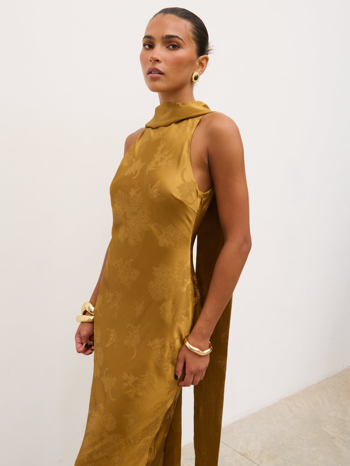 Lethe Drape Scarf Jacquard Maxi Dress - Dark Honey