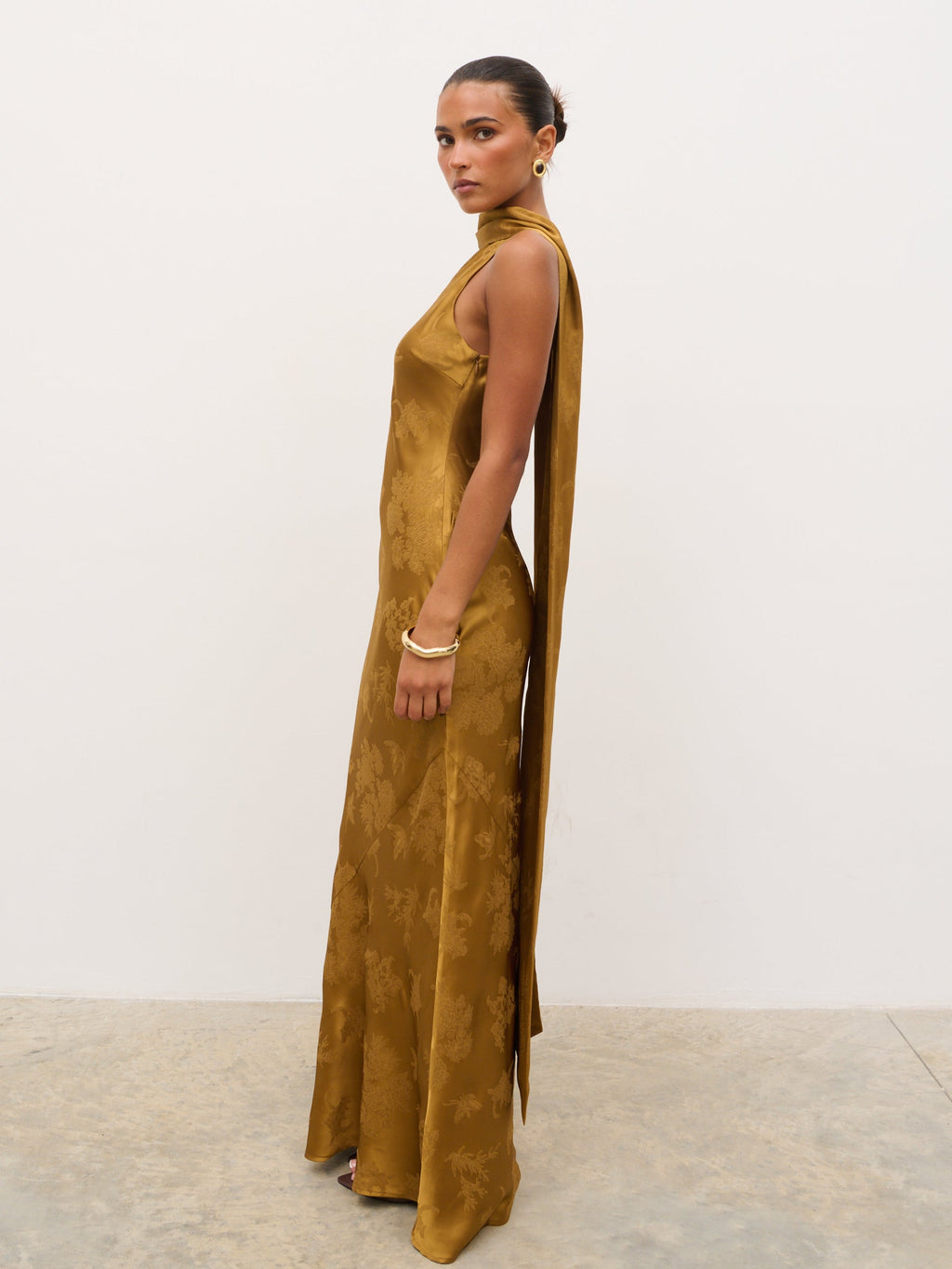 Lethe Drape Scarf Jacquard Maxi Dress - Dark Honey