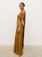 Lethe Drape Scarf Jacquard Maxi Dress - Dark Honey