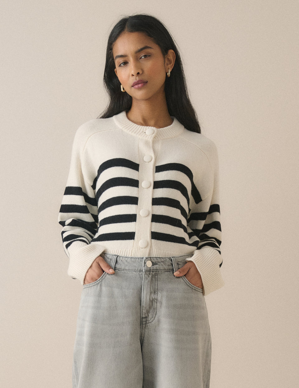 Black and White Striped Wool Saddle Lily Cardigan