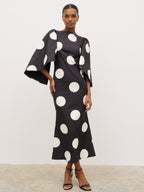 Liora A-Line Midaxi Dress - Black and Cream Polkadot