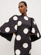 Liora A-Line Midaxi Dress - Black and Cream Polkadot