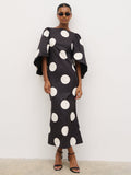 Liora A-Line Midaxi Dress - Black and Cream Polkadot