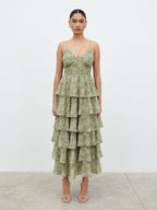 Lissy Ruffle Midaxi Dress - Green Abstract Print