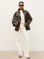 Lyla Faux Leather Bomber Jacket - Chocolate Brown
