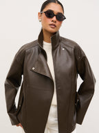 Lyla Faux Leather Bomber Jacket - Chocolate Brown
