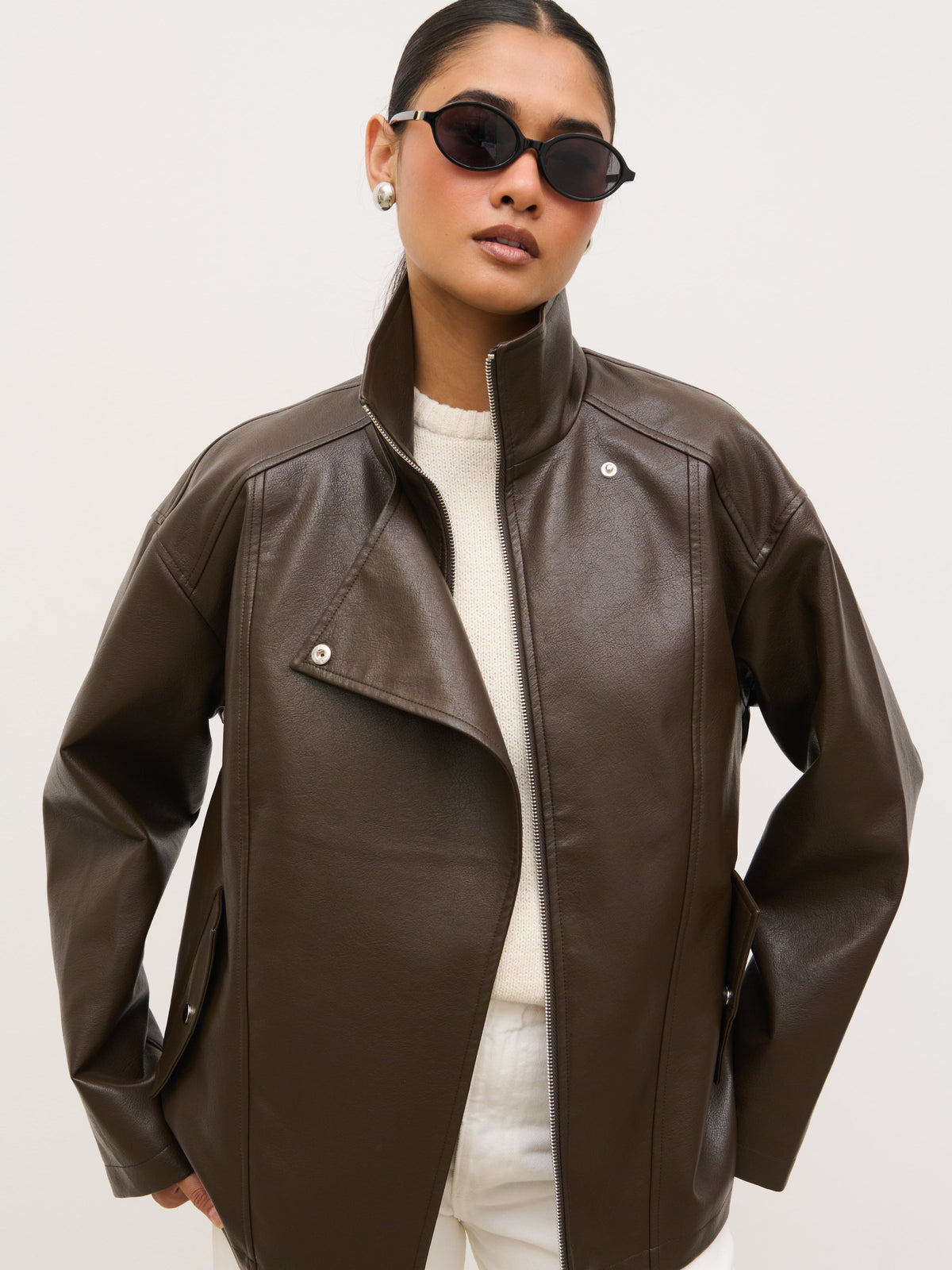 Lyla Faux Leather Bomber Jacket - Chocolate Brown