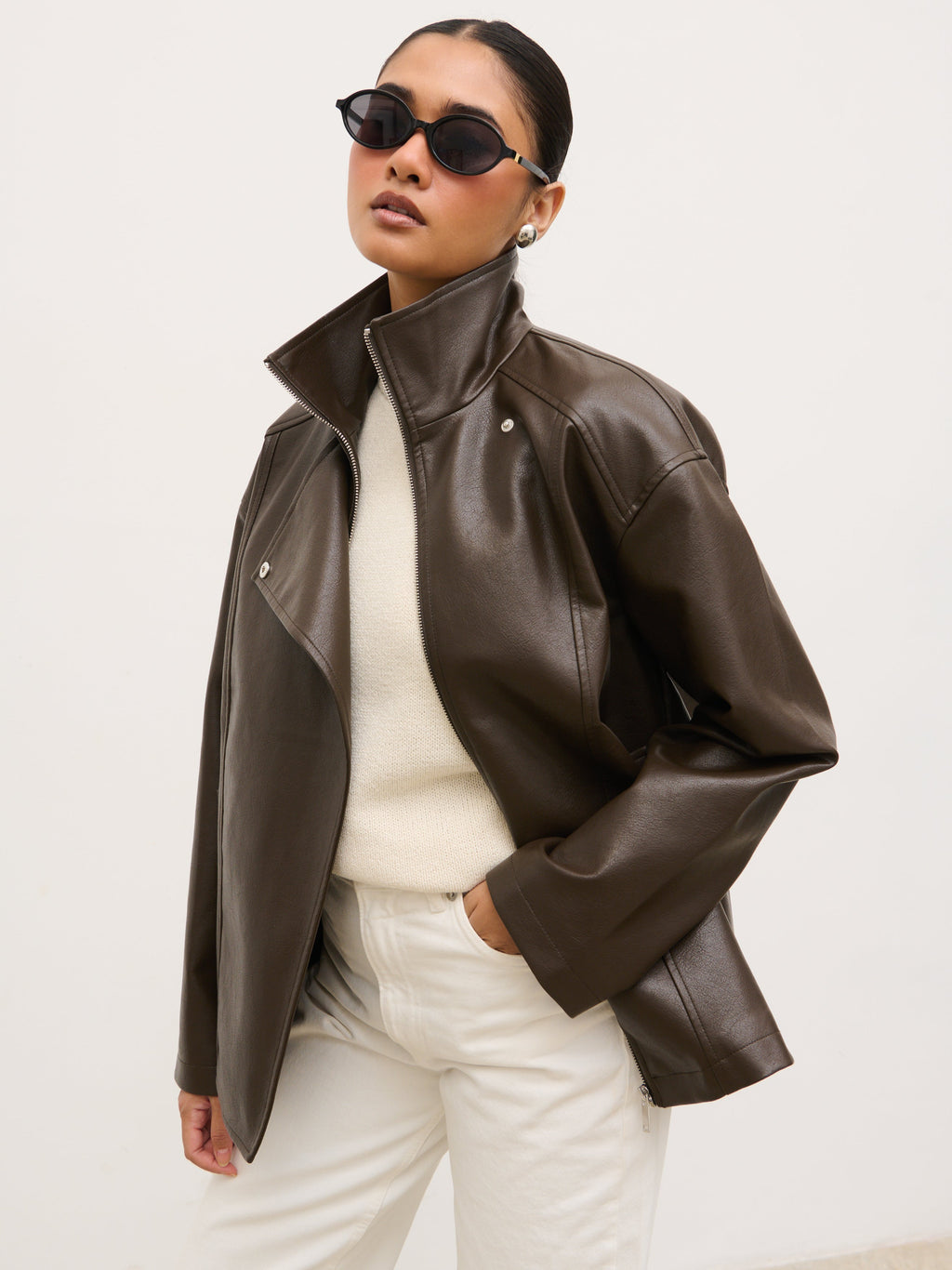 Lyla Faux Leather Bomber Jacket - Chocolate Brown