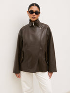 Lyla Faux Leather Bomber Jacket - Chocolate Brown