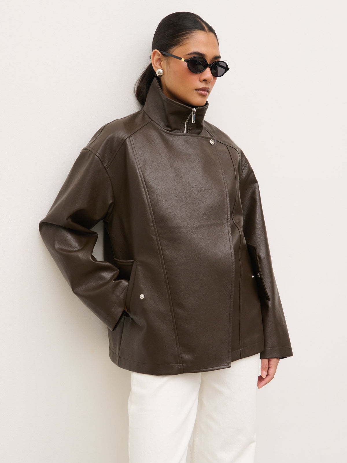 Lyla Faux Leather Bomber Jacket - Chocolate Brown