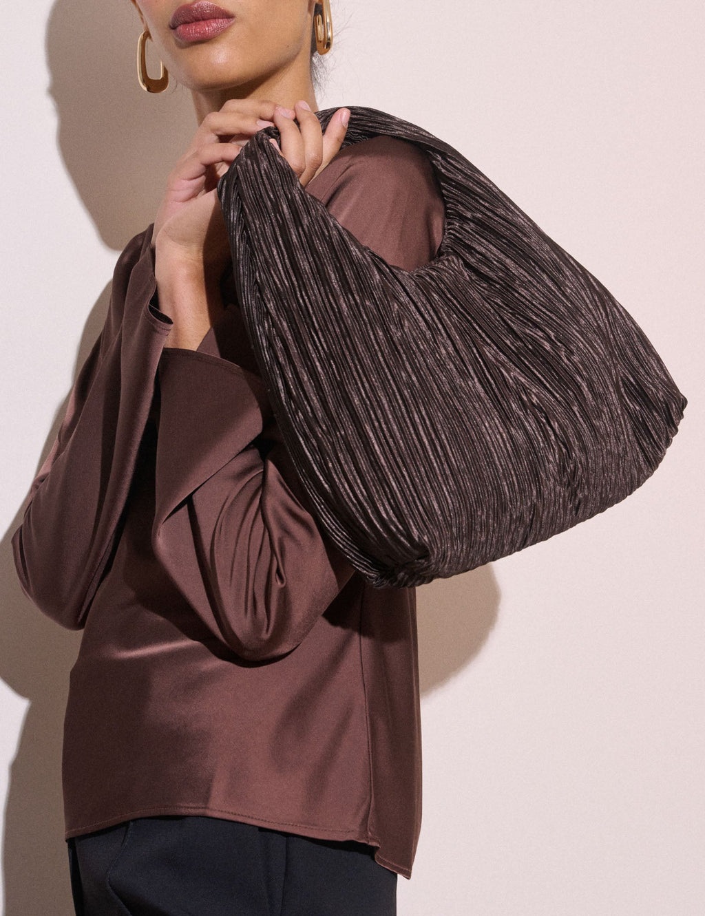 Brown Pleated Satin Shoulder Bag